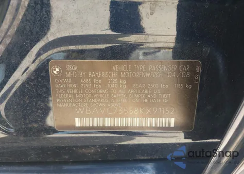 2008 BMW 328Xi из США, поврежденный, VIN WBAVC73558KX91152